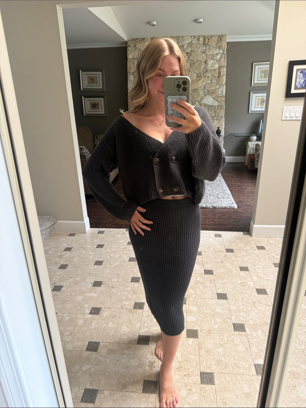 Ribbed Button-Front Midi Skirt Set - Charcoal